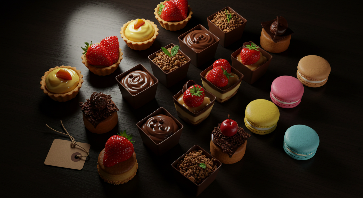 Mesa com seleção de sobremesas finas